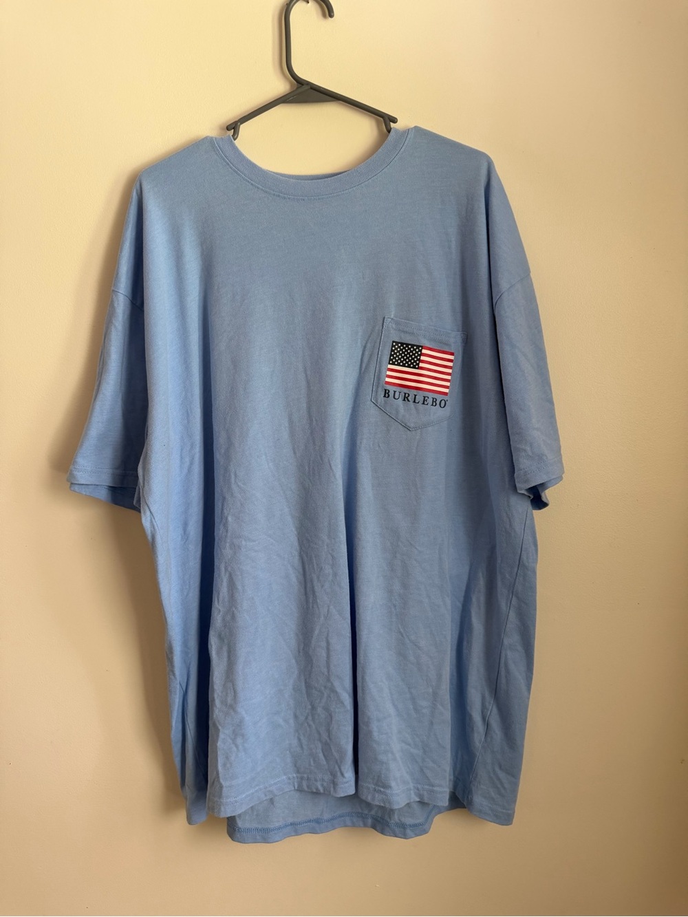 BURLEBO Light Blue Short Sleeve Pocket Tee Flag Pocket Emblem Reagan graphic